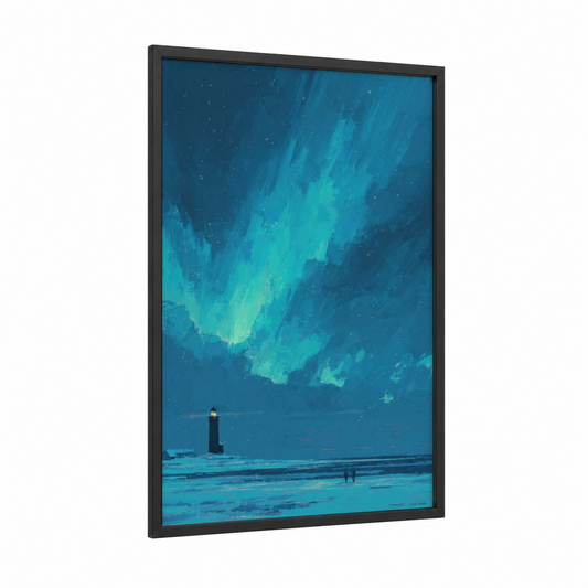 Aurora Lighthouse framed art print — black wood frame — blue and turquoise palette