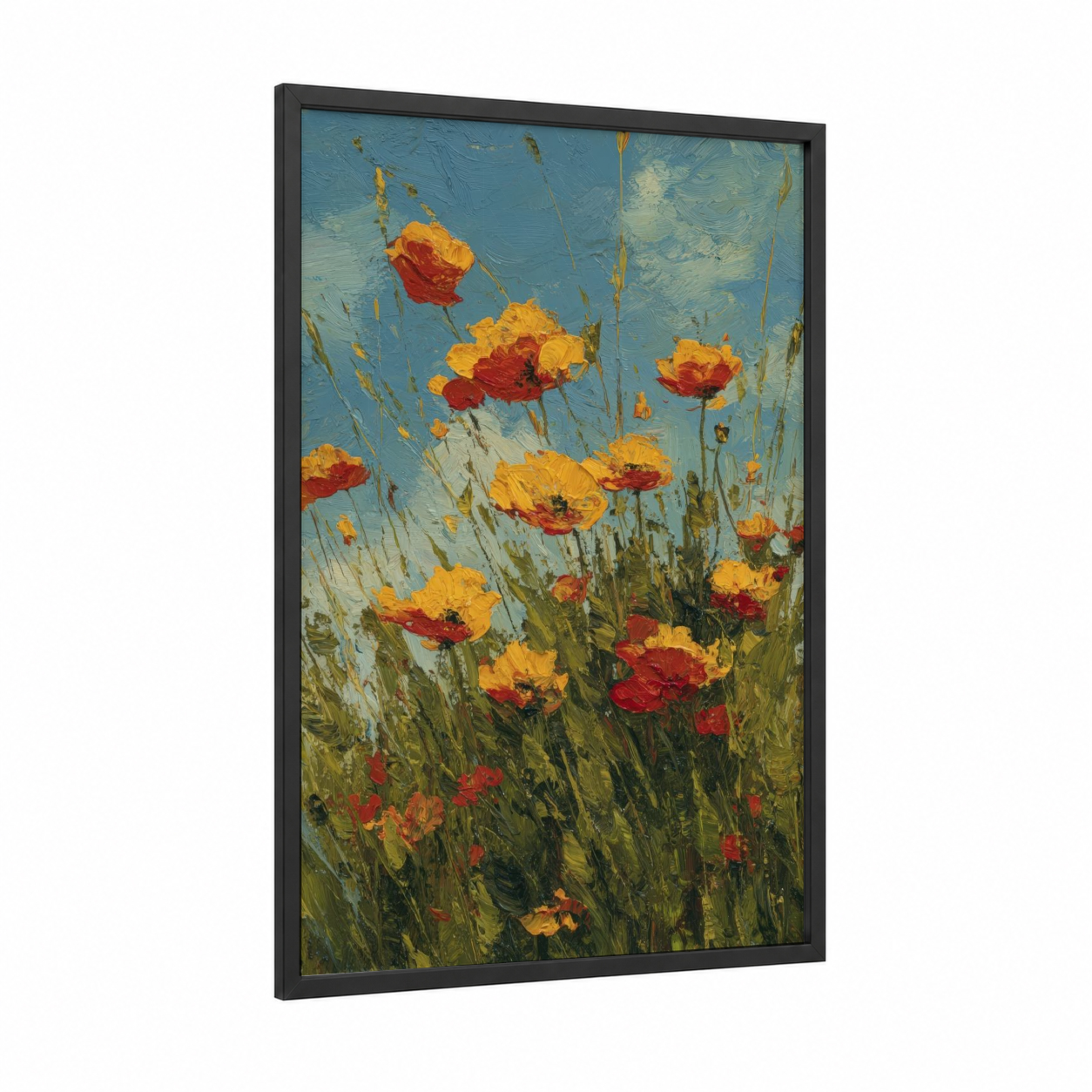 Golden Poppies framed art print — black wood frame — blue and gold palette
