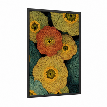 Embroidered Ranunculus framed art print — black wood frame — gold and teal palette