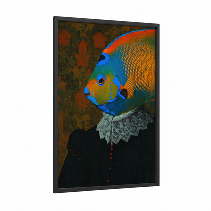 Regal Angel Fish framed art print — black wood frame — blue and orange palette