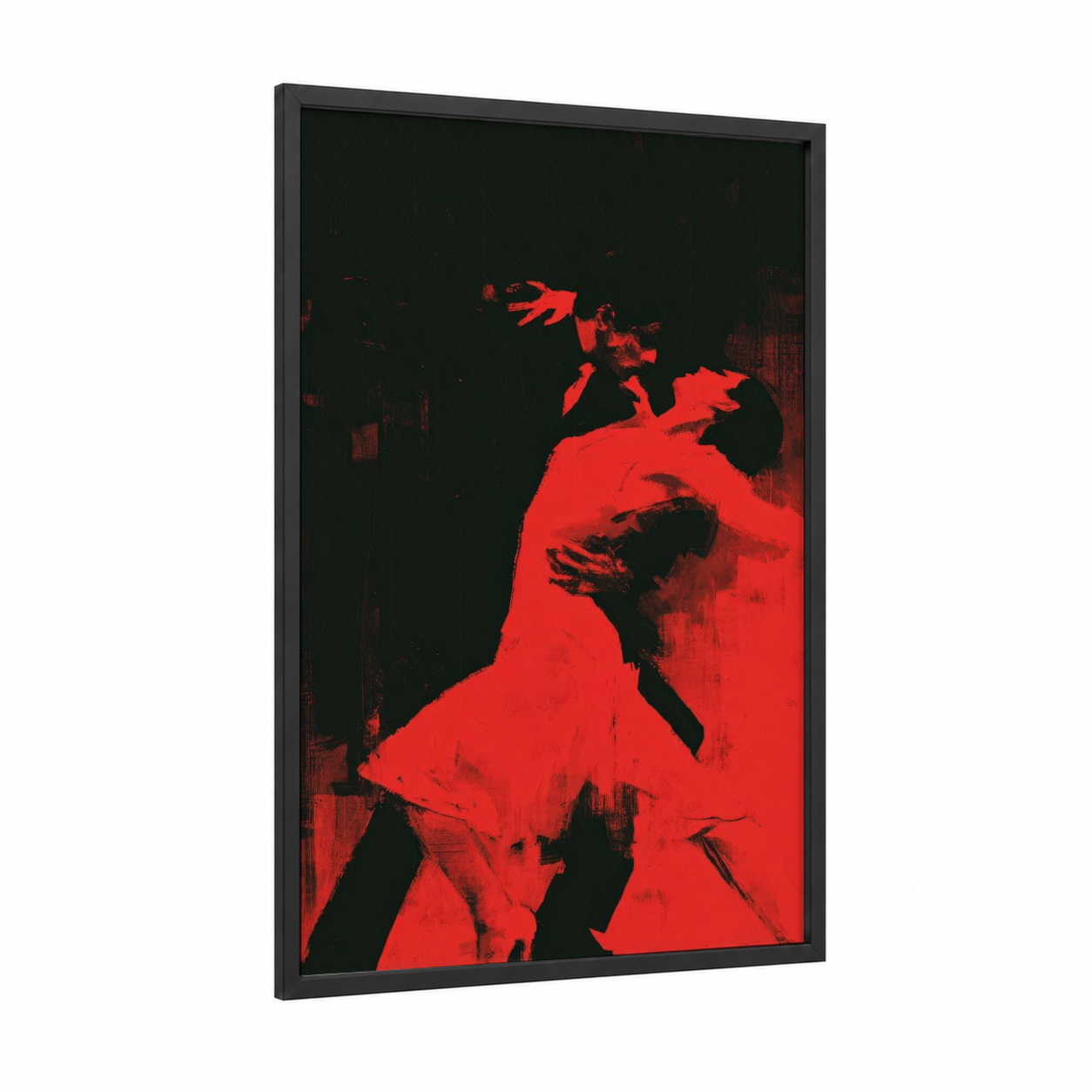 Crimson Dance Passion framed ballroom dance print — black wood frame — red and black palette