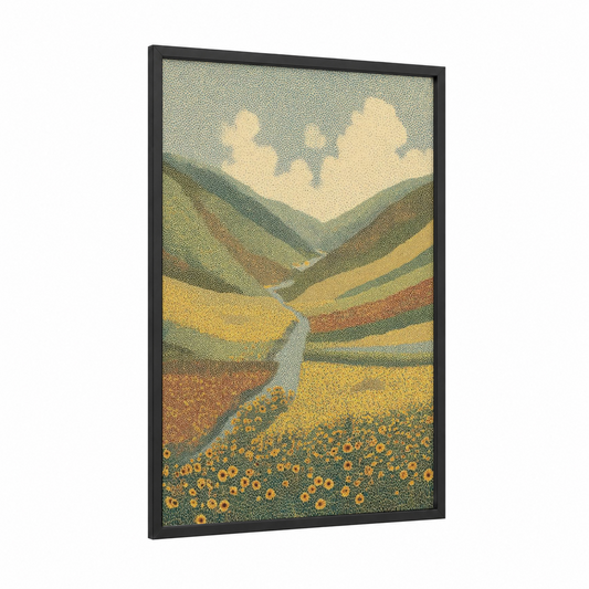 Golden Sunflower Valley framed sunflower field print — black wood frame — yellow gold and sage green palette