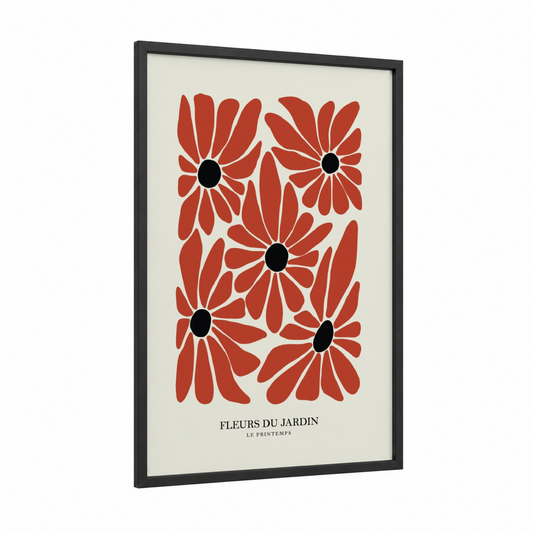 Red Garden Blooms framed abstract flower print — black wood frame — russet and cream palette