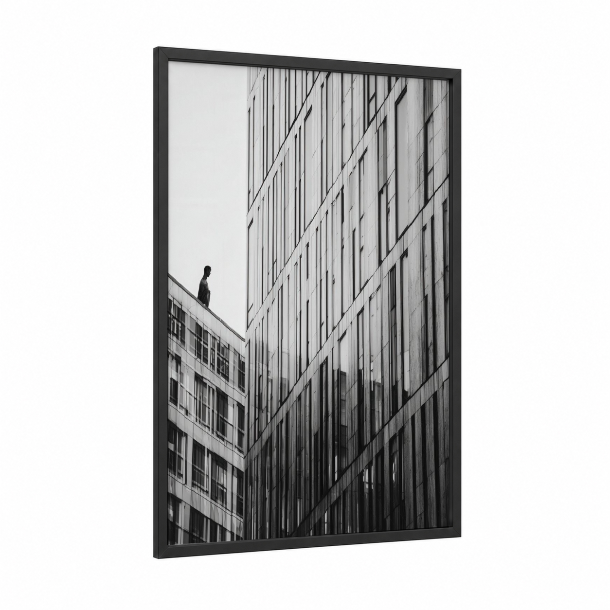 Urban Solitude framed abstract architecture print — black wood frame — black and white and gray palette