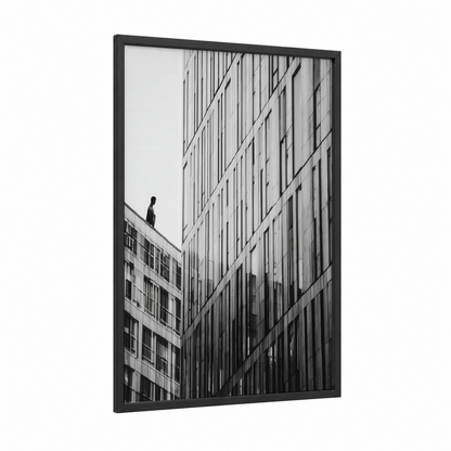 Urban Solitude framed abstract architecture print — black wood frame — black and white and gray palette