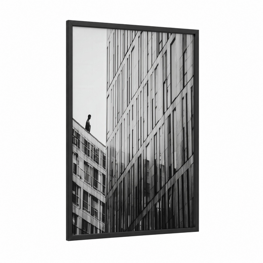 Urban Solitude framed abstract architecture print — black wood frame — black and white and gray palette