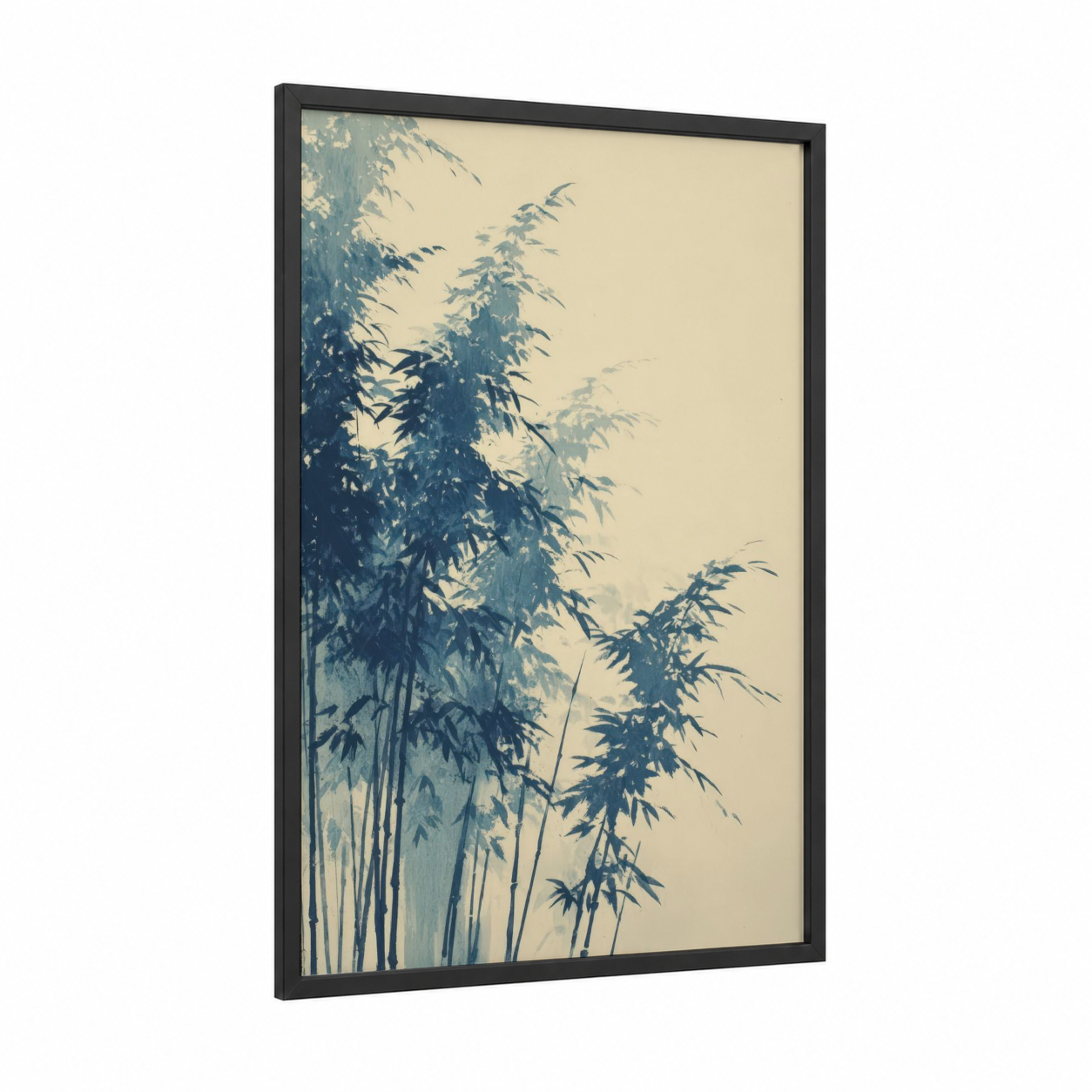 Misty Bamboo Grove framed bamboo jungle print — black wood frame — blue and cream palette