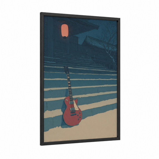 Crimson Night Guitar framed electric guitar print — black wood frame — blue and cream palette