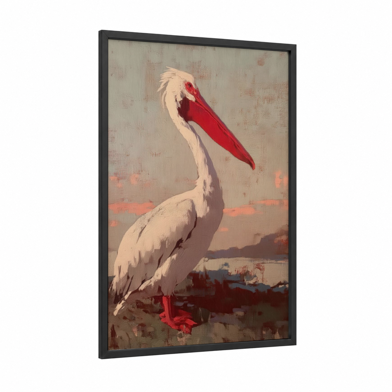 Crimson Pelican framed art print — black wood frame — cream and red palette
