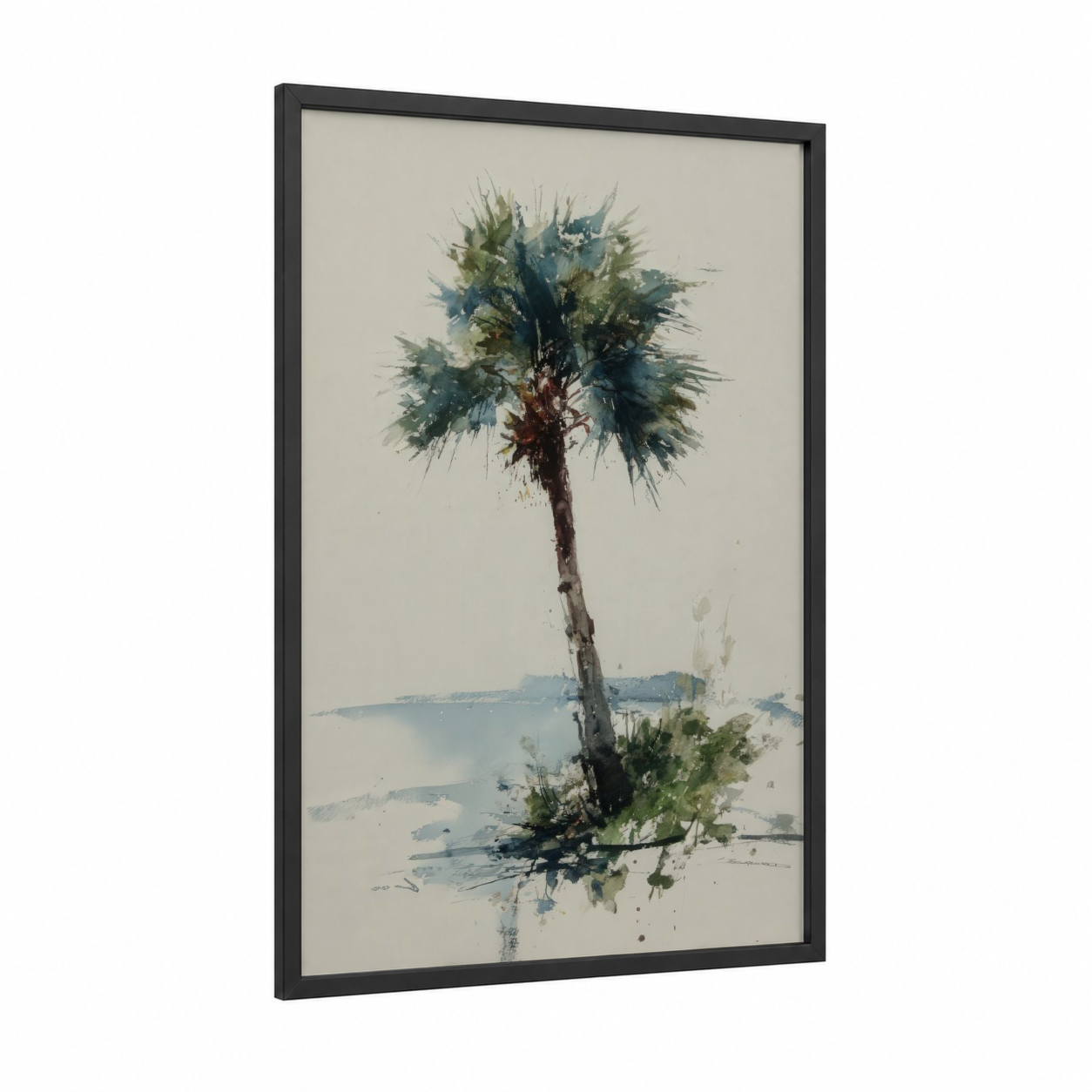 Tropical Waterside Palm framed palm tree print — black wood frame — teal and sage green palette