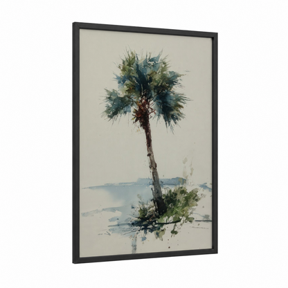 Tropical Waterside Palm framed palm tree print — black wood frame — teal and sage green palette