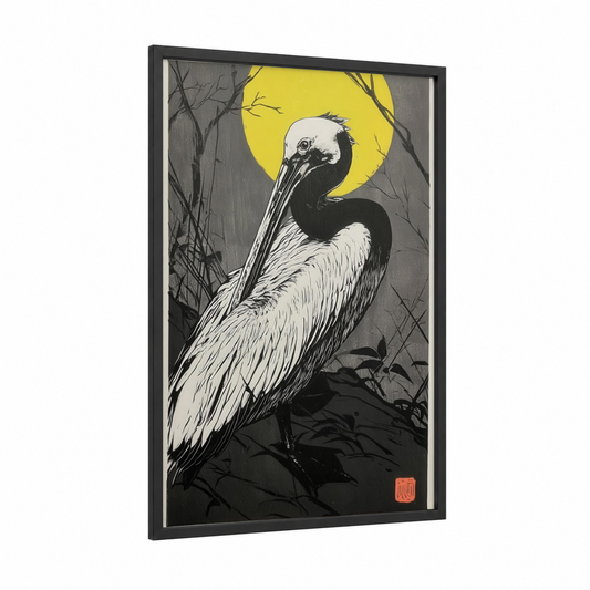 Moonlit Pelican framed art print — black wood frame — black and white and yellow gold palette