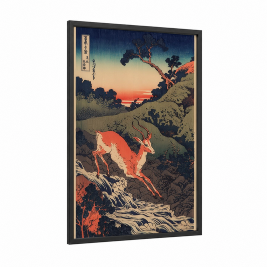 Sunset Antelope framed art print — black wood frame — gold and dark blue palette