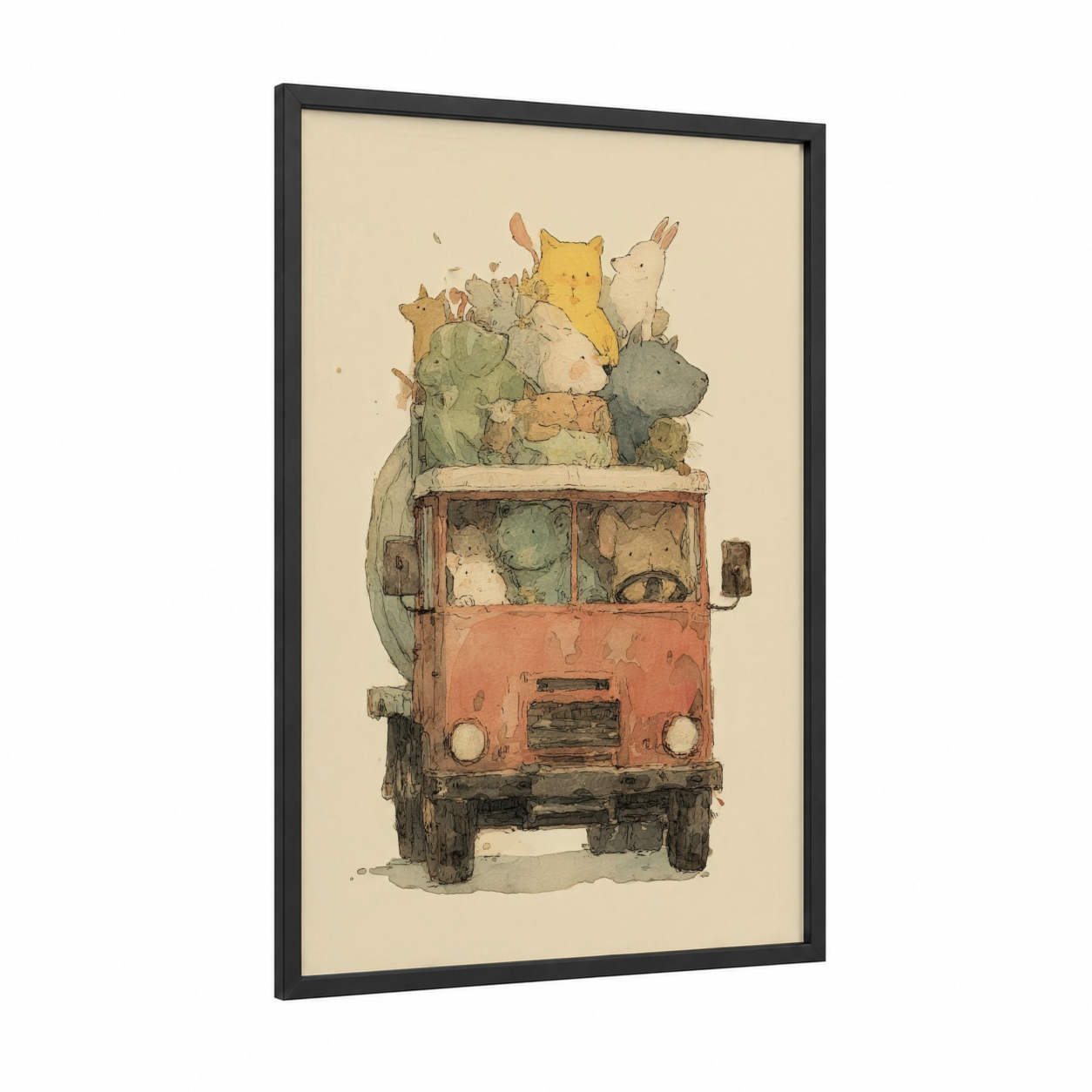 Animal Transport Truck framed art print — black wood frame — cream and sage green palette
