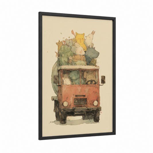 Animal Transport Truck framed art print — black wood frame — cream and sage green palette