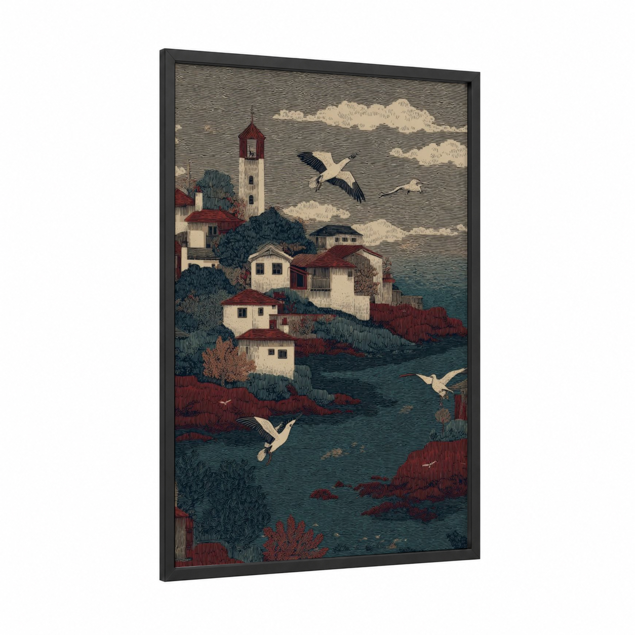 Coastal Lighthouse Village framed beach town print — black wood frame — teal and maroon palette