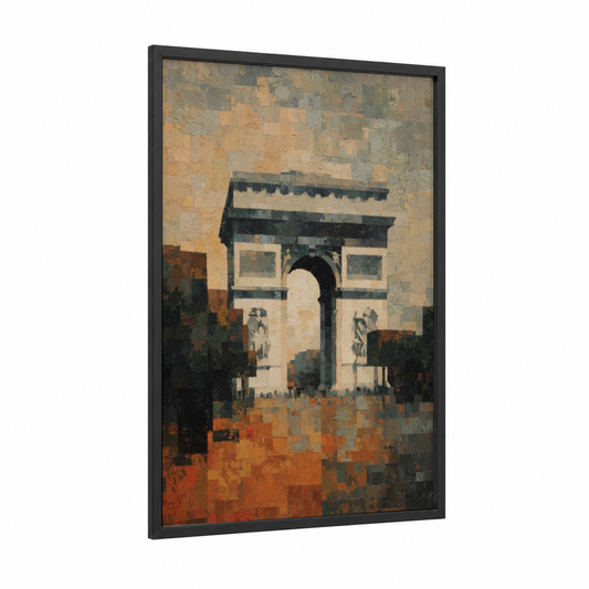Parisian Monument framed arc de triomphe print — black wood frame — beige and black palette