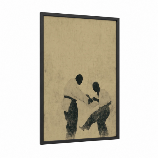 Dynamic Capoeira framed art print — black wood frame — beige and black and white palette