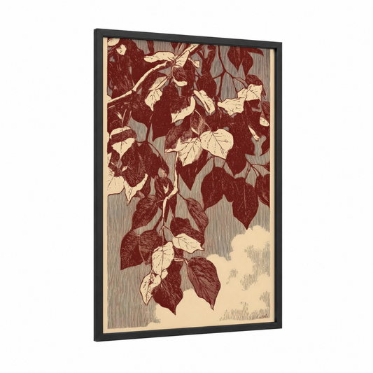 Autumn Linden framed linden tree print — black wood frame — maroon and cream palette