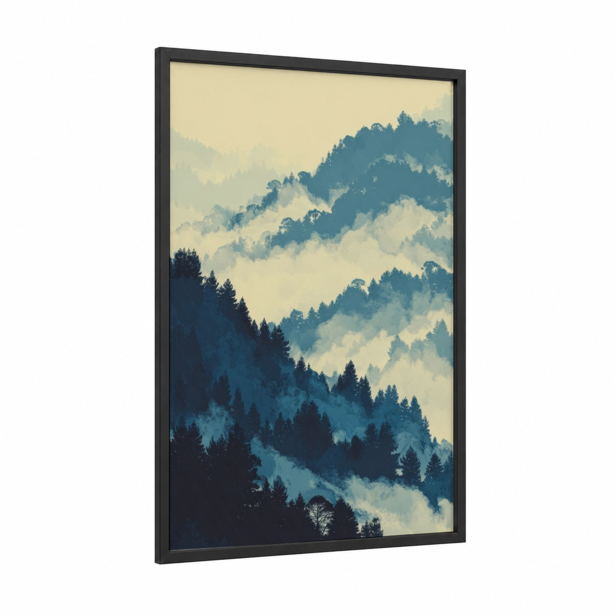 Misty Pine Mountains framed pine forest print — black wood frame — teal and cream palette