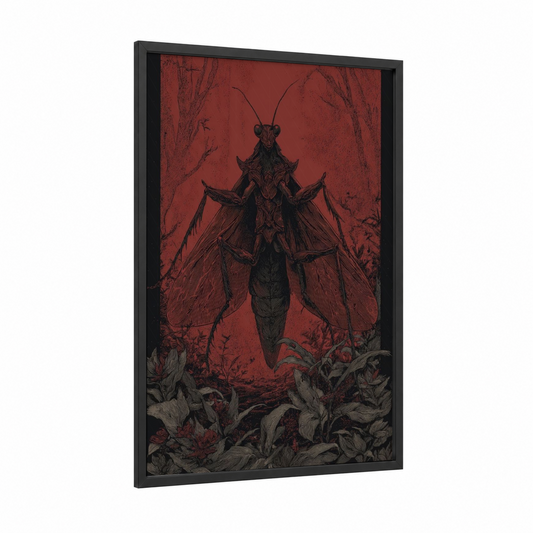 Crimson Mantis framed prayin mantis print — black wood frame — maroon and black palette