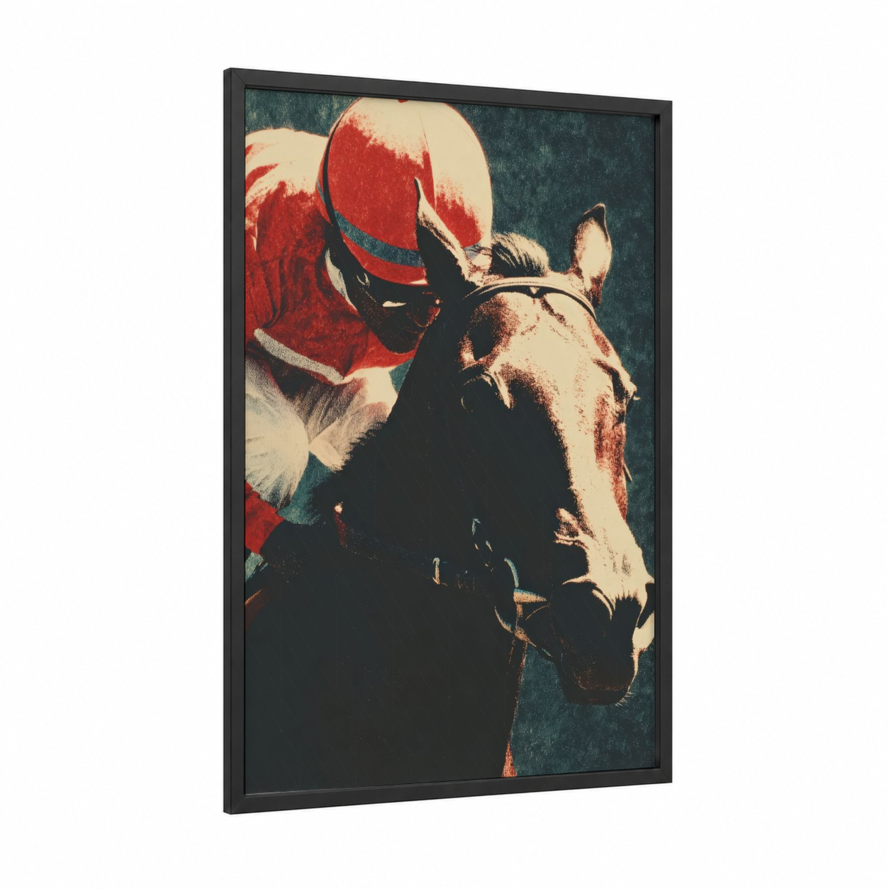 Crimson Jockey framed horse racing print — black wood frame — red and dark blue palette