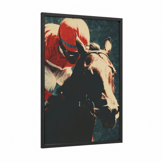 Crimson Jockey framed horse racing print — black wood frame — red and dark blue palette