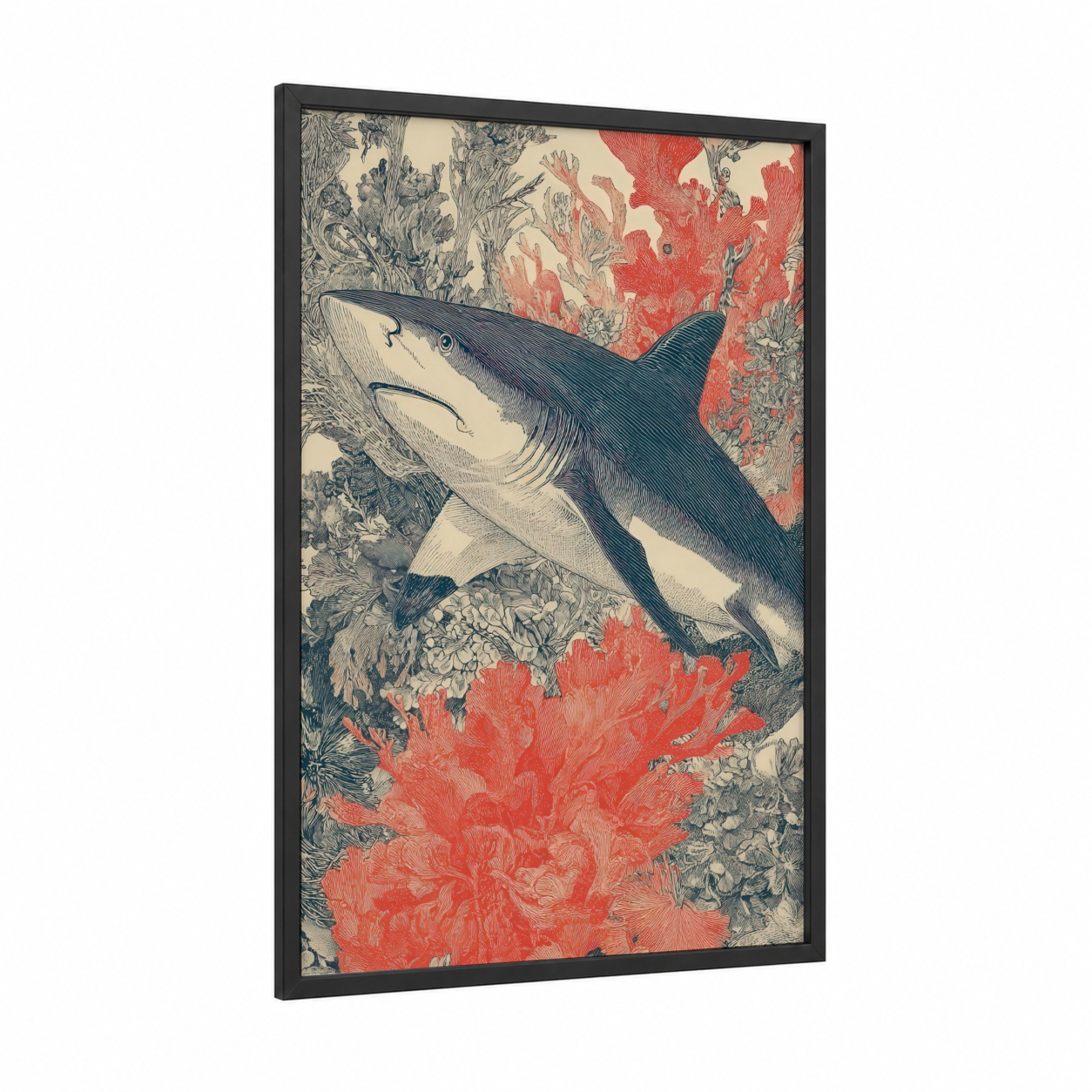 Indigo Shark Garden framed blue shark print — black wood frame — blue and red palette