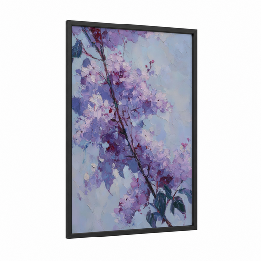 Ethereal Lilac Blossom framed art print — black wood frame — purple and lavender palette