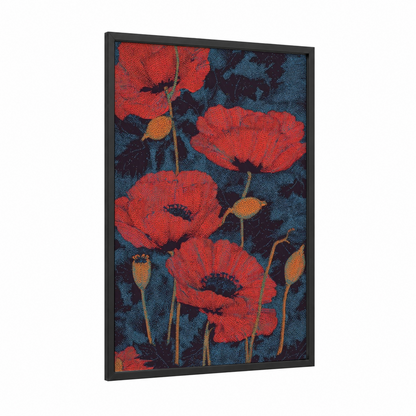 Crimson Poppies framed art print — black wood frame — red and dark blue palette