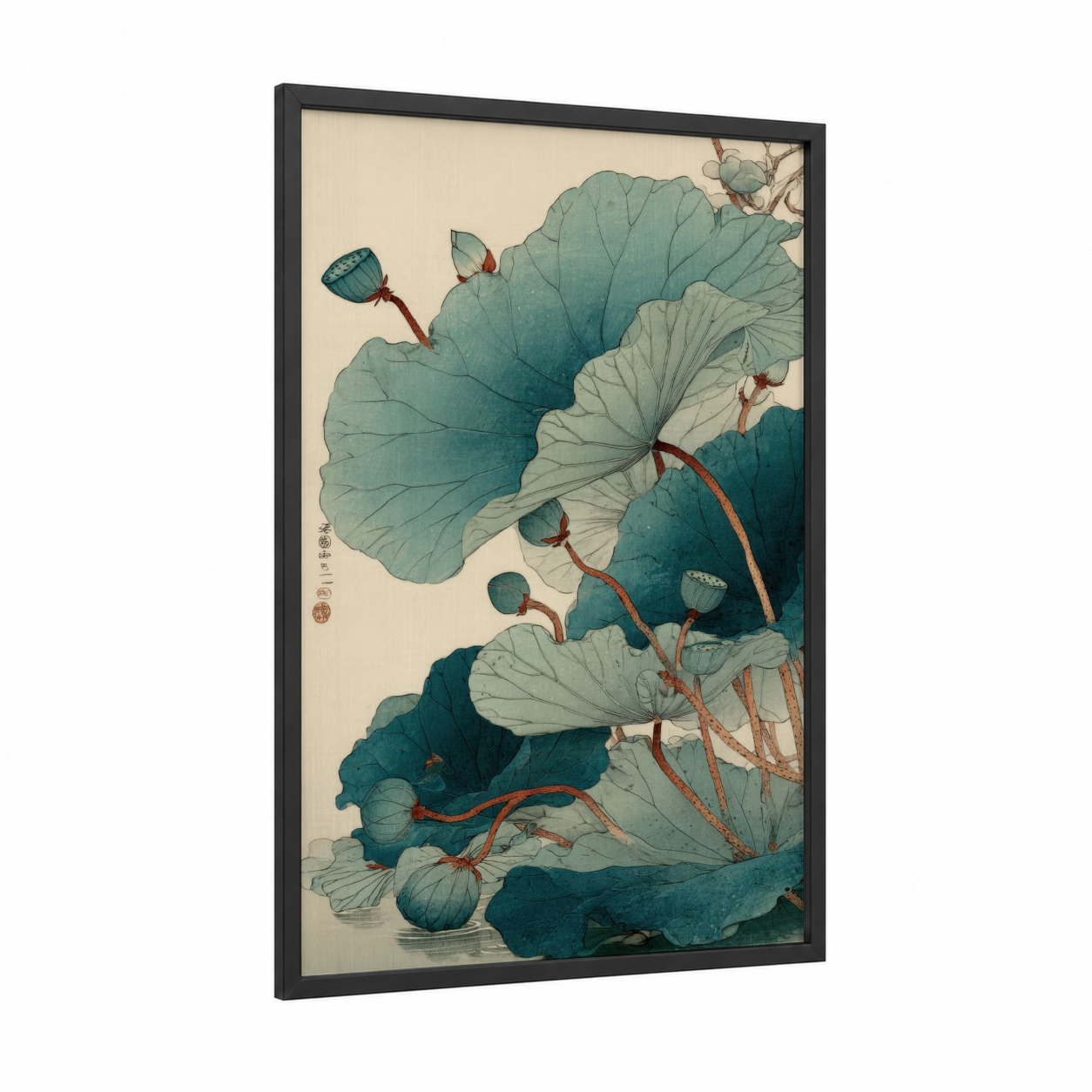 Serene Lotus Study framed art print — black wood frame — teal and cream palette