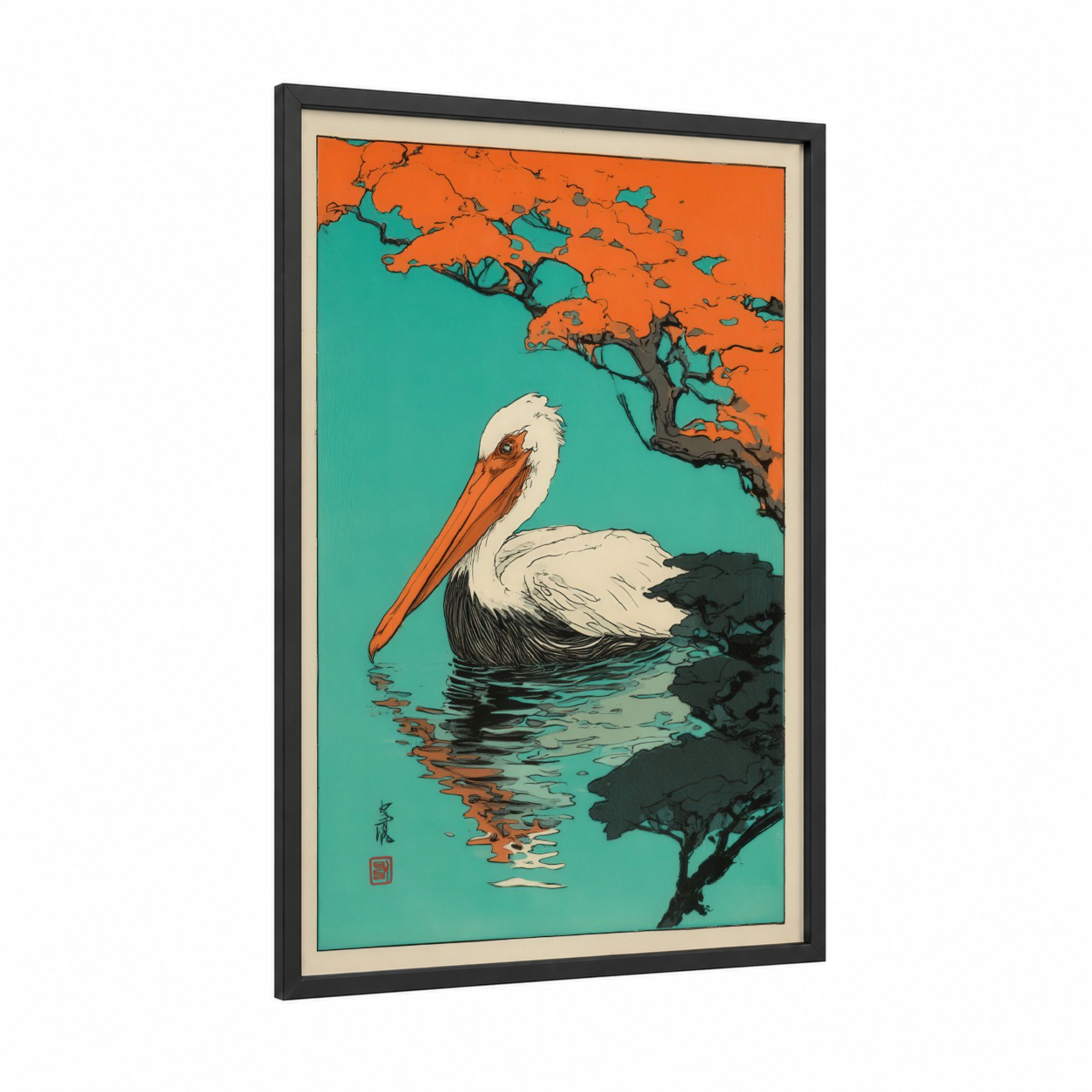 Tropical Pelican framed art print — black wood frame — orange and teal palette