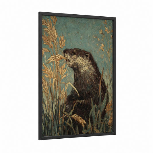 Beaver in Grain Field framed art print — black wood frame — teal and gold palette