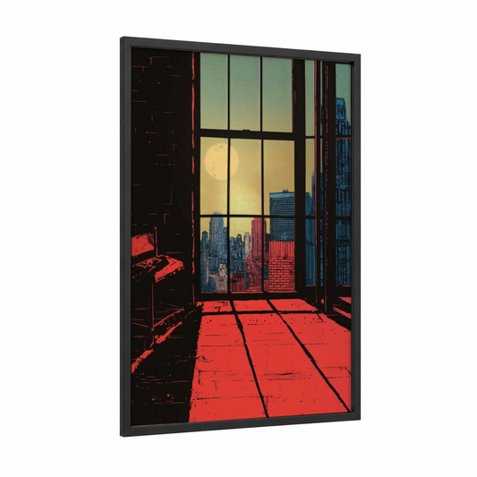 Moonlit Cityscape framed window print — black wood frame — red and gold palette