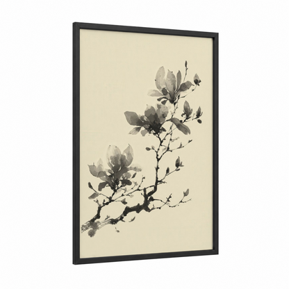 Ink Magnolia Branch framed art print — black wood frame — gray and cream palette