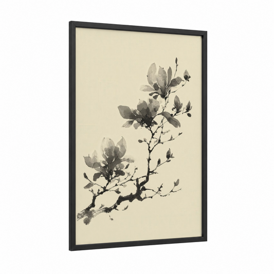 Ink Magnolia Branch framed art print — black wood frame — gray and cream palette
