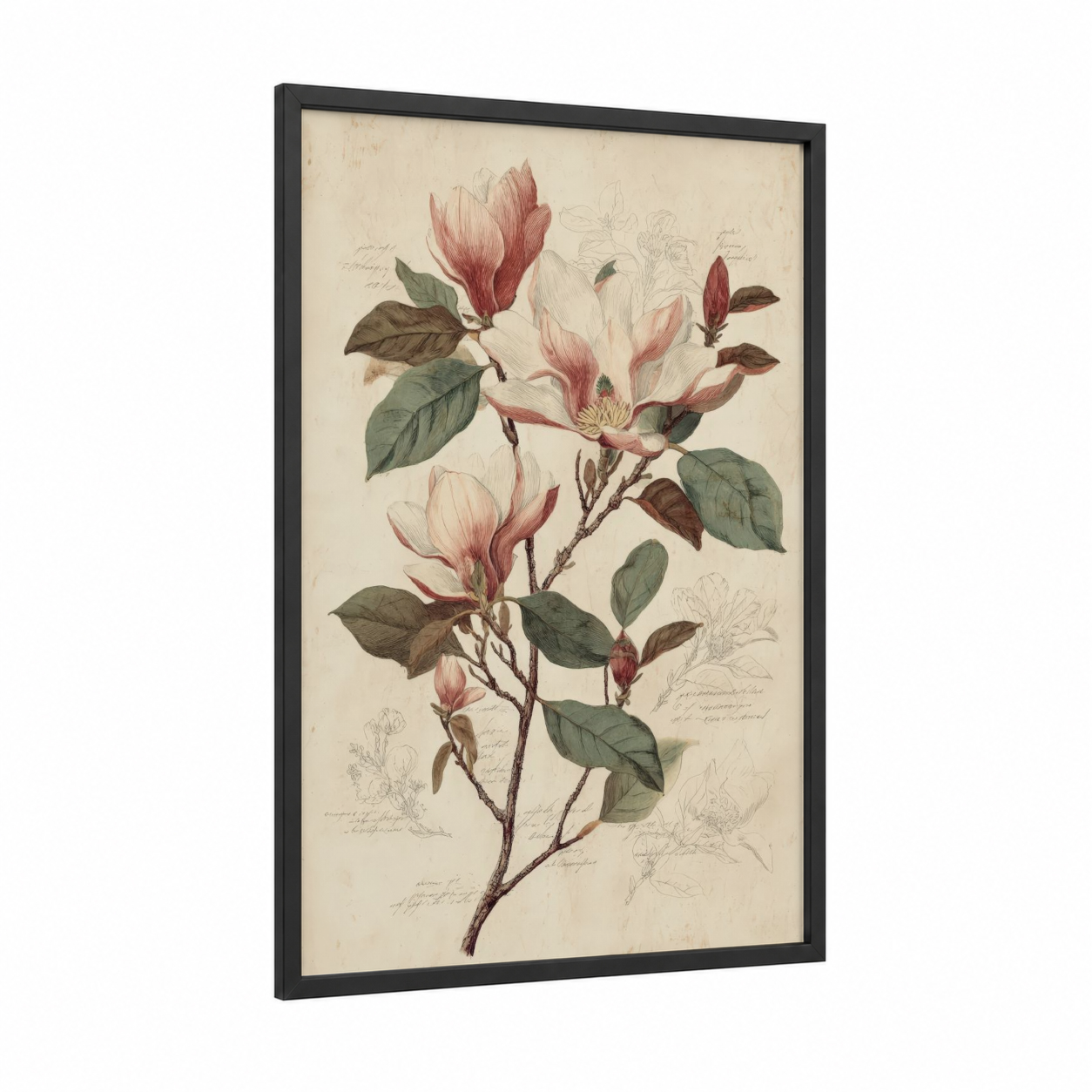 Vintage Magnolia framed art print — black wood frame — cream and rose gold palette