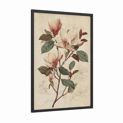 Vintage Magnolia framed art print — black wood frame — cream and rose gold palette