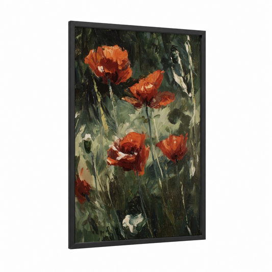 Crimson Poppies framed art print — black wood frame — red and dark green palette