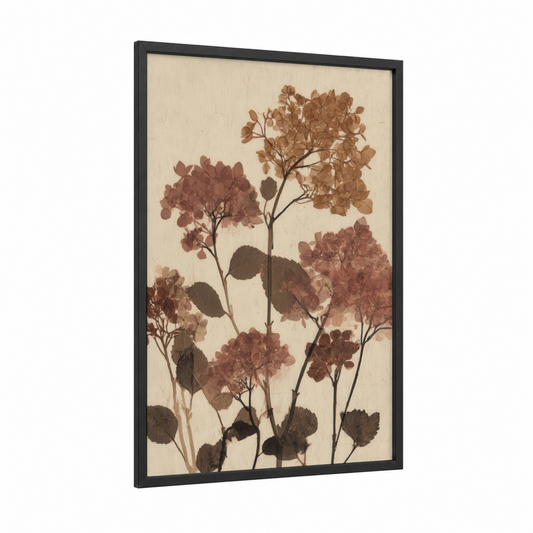 Russet Hydrangea Study framed art print — black wood frame — russet and cream palette