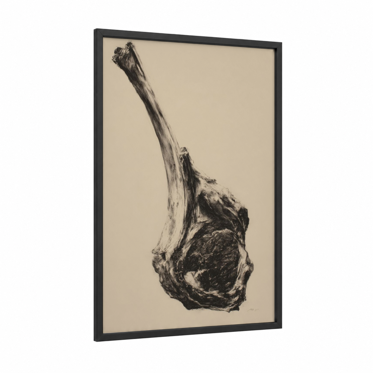 Charcoal Meat Study framed art print — black wood frame — black and white and beige palette