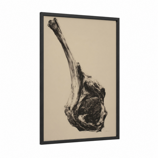 Charcoal Meat Study framed art print — black wood frame — black and white and beige palette