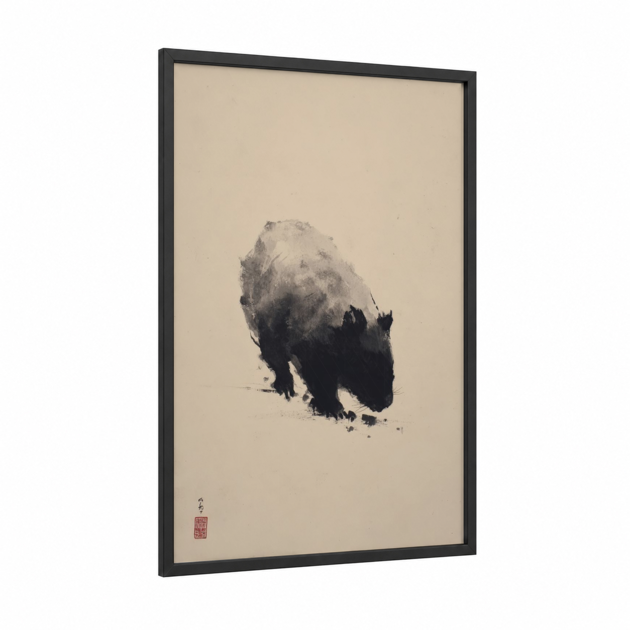 Misty Wombat framed art print — black wood frame — black and white and beige palette