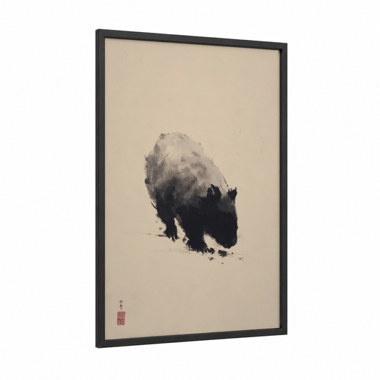 Misty Wombat framed art print — black wood frame — black and white and beige palette