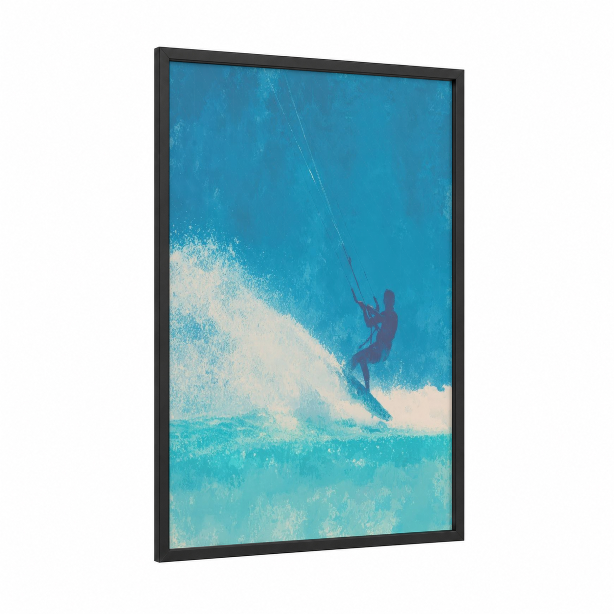 Wave Rider Silhouette framed kite surfing print — black wood frame — blue and white palette