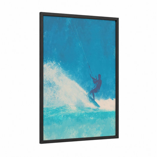 Wave Rider Silhouette framed kite surfing print — black wood frame — blue and white palette