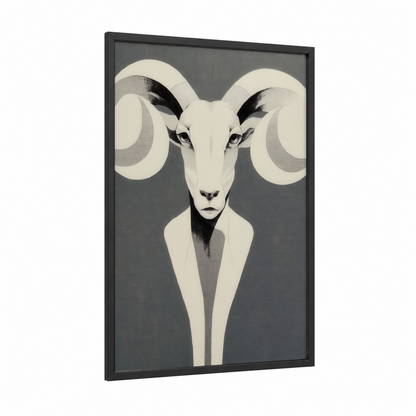 Horned Sheep Portrait framed art print — black wood frame — black and white and gray palette