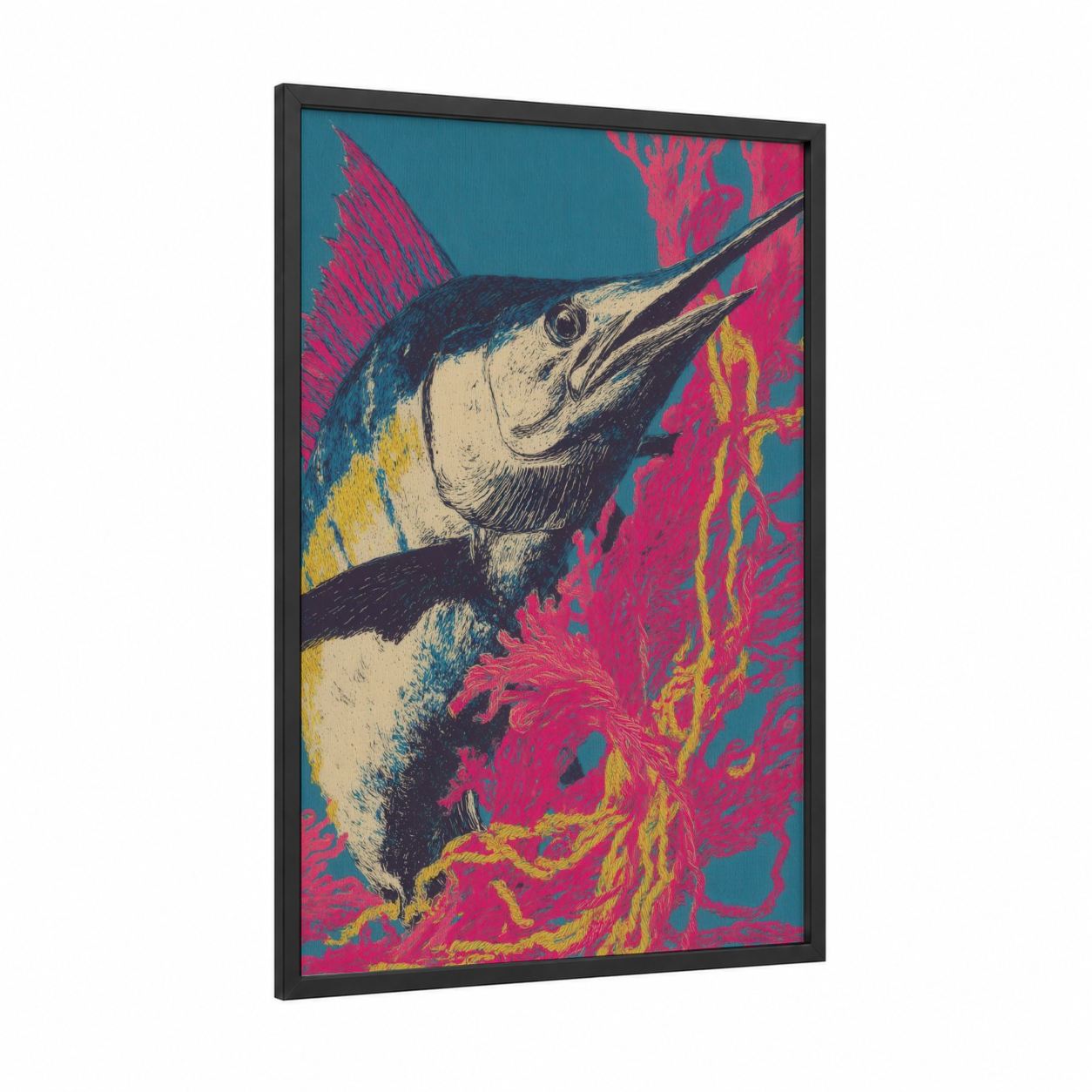 Crimson Sailfish framed art print — black wood frame — magenta and teal palette