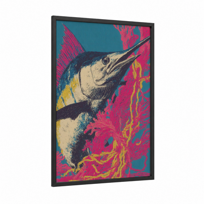Crimson Sailfish framed art print — black wood frame — magenta and teal palette