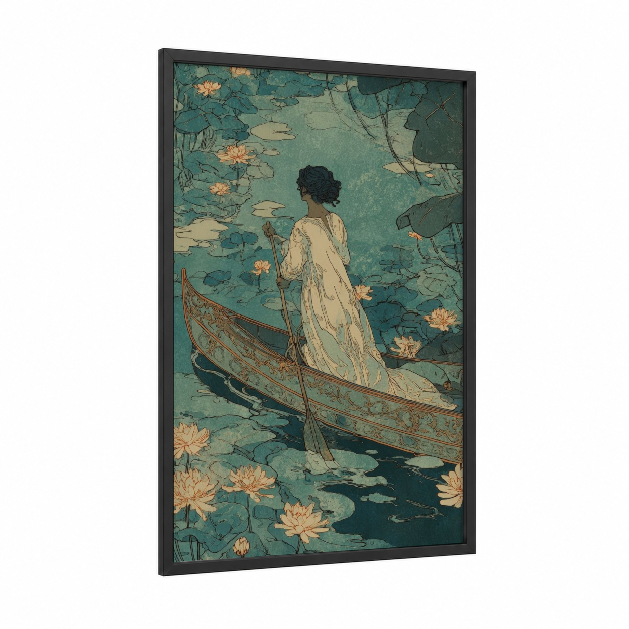 Lotus Paddler framed kayaks and canoes print — black wood frame — teal and gold palette